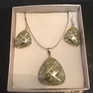 Unique green and silver necklace and earrings